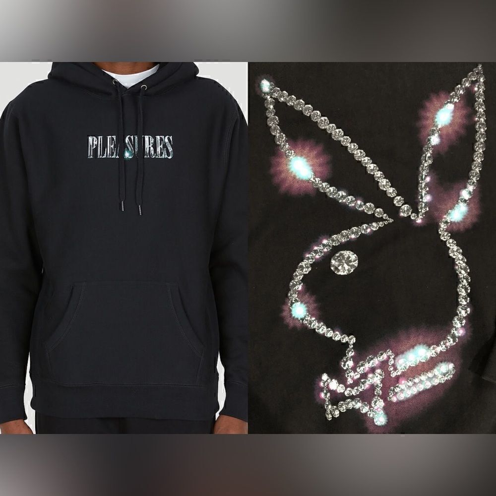 PLEASURES NWT Playboy Icy Diamonds Logo Black Hoodie Sweatshirt Size M
